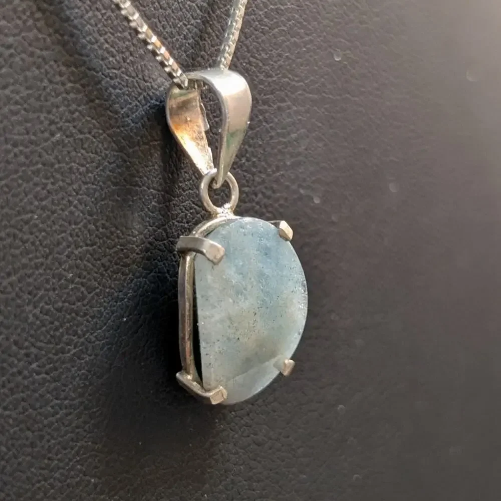 Vtg 925 Sterling Silver Natural Aquamarine March Birthstone Box Chain Necklace
